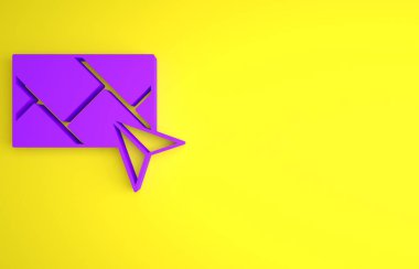 Şehir haritasının mor bilgi ikonu sarı arkaplanda izole edildi. Mobil Uygulama Arayüzü tasarımı. Coğrafi konsept. Minimalizm kavramı. 3 Boyutlu resimleme .