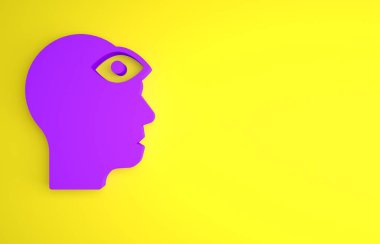 Sarı arka planda üçüncü göz ikonu olan mor adam. Meditasyon konsepti, enerji vizyonu, aura. Minimalizm kavramı. 3 Boyutlu resimleme.