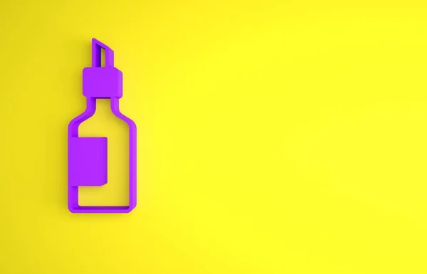 黄色の背景に単離されたオリーブオイルアイコンの紫色のボトル オリーブオイルのアイコンでジャグ 最小限の概念 3Dレンダリング図 — ストック写真