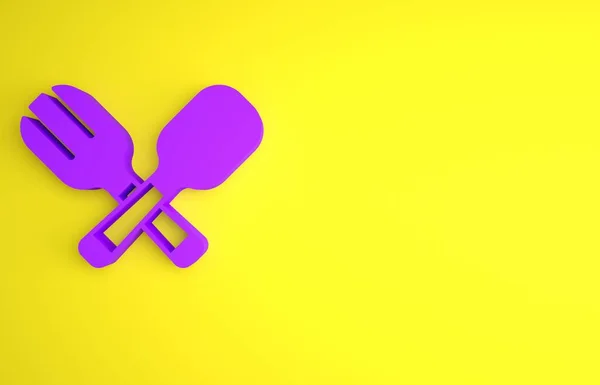 Fialová Křížová Vidlička Ikona Lžíce Izolované Žlutém Pozadí Nádobí Vaření — Stock fotografie