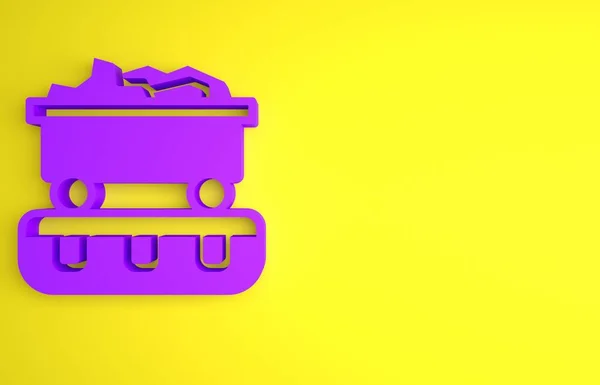 黄色の背景に分離された紫色の石炭列車ワゴンアイコン 鉄道輸送 最小限の概念 3Dレンダリング図 — ストック写真