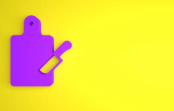 黄色の背景に分離された紫のカッティングボードとナイフのアイコン ボードのシンボルをチョッピング かわいいシンボル 最小限の概念 3Dレンダリング図 — ストック写真