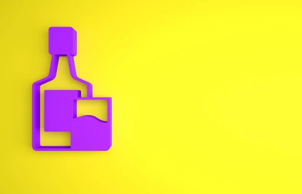 黄色の背景に分離された紫色のウィスキーボトルとガラスのアイコン 最小限の概念 3Dレンダリング図 — ストック写真