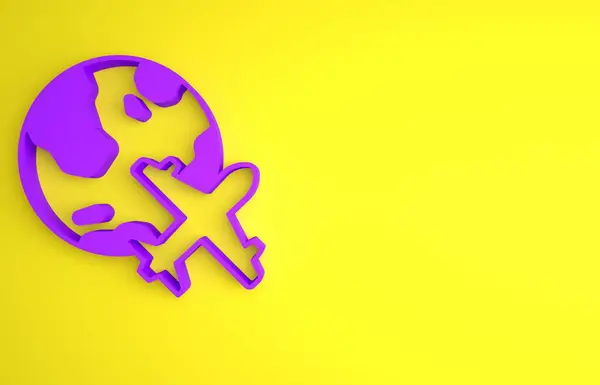 紫色球状体 平面图标在黄色背景上隔离 飞机绕着地球飞行 飞机世界的象征 最低纲领的概念 3D渲染说明 — 图库照片