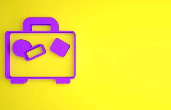 Fioletowa Walizka Ikonę Podróży Izolowana Żółtym Tle Podróżujący Znak Bagażu — Zdjęcie stockowe
