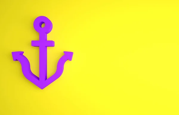 黄色の背景に分離された紫のアンカーアイコン 最小限の概念 3Dレンダリング図 — ストック写真