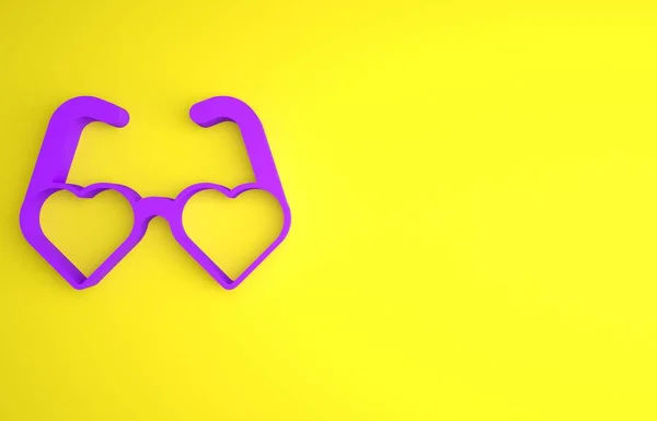 Purple Heart shaped love glasses icon isolated on yellow background. Suitable for Valentine day card design. Minimalism concept. 3D render illustration .