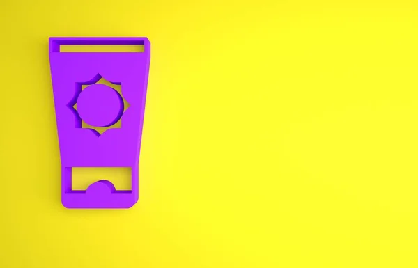 Purple Sunscreen cream in tube icon isolated on yellow background. Protection for the skin from solar ultraviolet light. Minimalism concept. 3D render illustration .