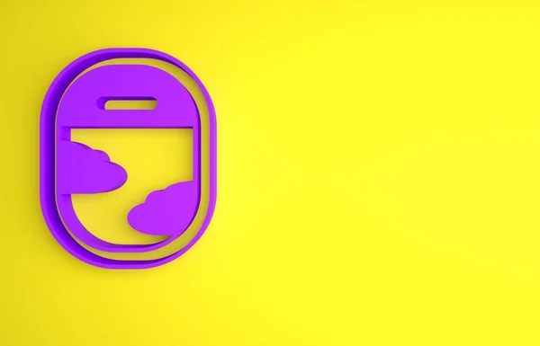 紫色的飞机窗口图标孤立在黄色的背景 飞机舷窗 最低纲领的概念 3D渲染说明 — 图库照片