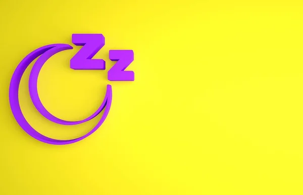Purple Time to sleep icon isolated on yellow background. Sleepy zzz. Healthy lifestyle. Minimalism concept. 3D render illustration .