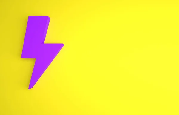黄色の背景に隔離された紫色の稲妻アイコン フラッシュサインだ 充電フラッシュアイコン サンダーボルト 最小限の概念 3Dレンダリング図 — ストック写真