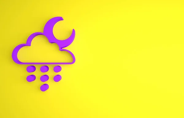 黄色の背景に雨と月のアイコンが隔離された紫色の雲 雨滴と雨の雲の降水量 最小限の概念 3Dレンダリング図 — ストック写真