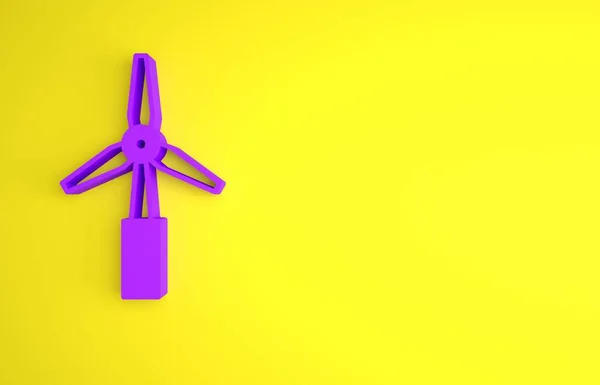 黄色の背景に分離された紫色の風力タービンアイコン 風力発電機の標識 電力生産のための風車 最小限の概念 3Dレンダリング図 — ストック写真