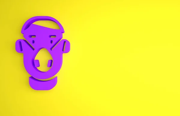 紫色男子的脸在医疗保护面具图标隔离黄色背景 最低纲领的概念 3D渲染说明 — 图库照片