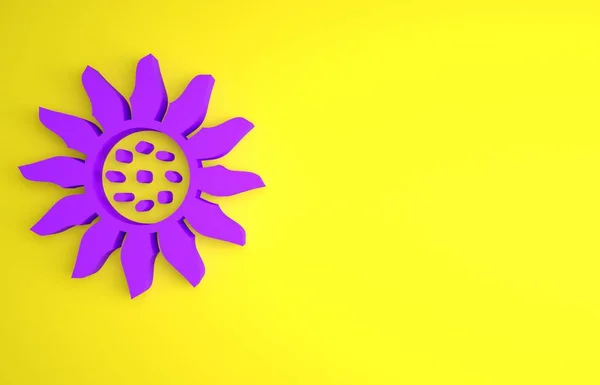 黄色の背景に分離された紫色の花アイコン 最小限の概念 3Dレンダリング図 — ストック写真