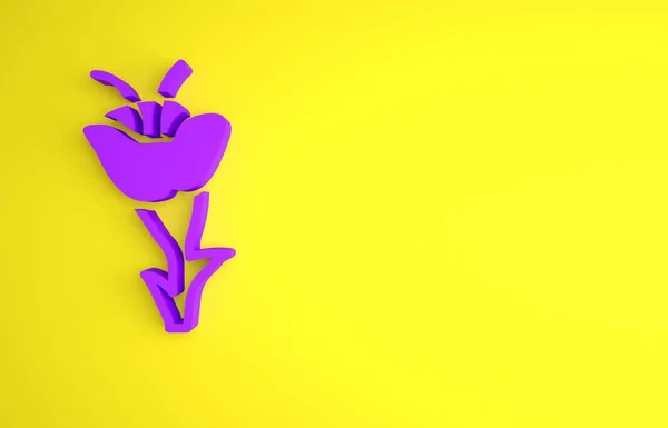 黄色の背景に分離された紫色の花アイコン 最小限の概念 3Dレンダリング図 — ストック写真