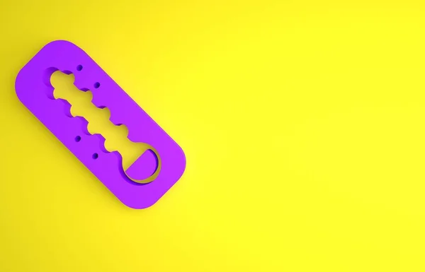 黄色の背景に隔離された熱と冷たいアイコンを測定する紫色の気象温度計 高温または低温を示す温度計機器 最小限の概念 3Dレンダリング図 — ストック写真
