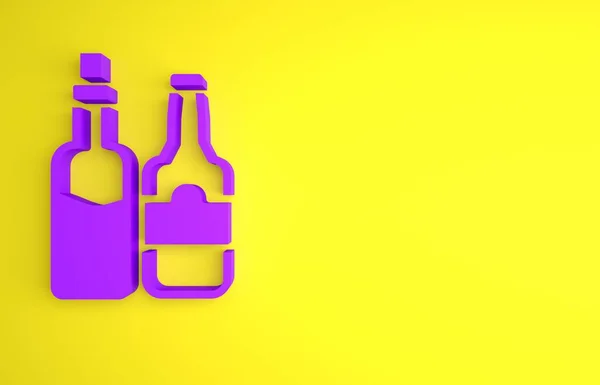 黄色の背景に単離された紫のウィスキーボトルのアイコン 最小限の概念 3Dレンダリング図 — ストック写真