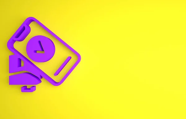 紫色回收站 打印回收站 用黄色背景隔离的智能手机图标确认付款 Nfc支付概念 最低纲领的概念 3D渲染说明 — 图库照片