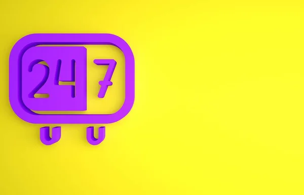 紫色时钟24小时图标孤立在黄色背景 整天循环图标 24小时服务标志 最低纲领的概念 3D渲染说明 — 图库照片