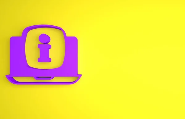 紫色笔记本电脑 信息图标孤立在黄色背景 最低纲领的概念 3D渲染说明 — 图库照片