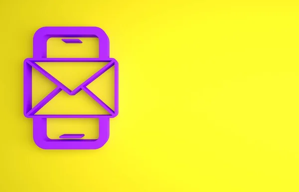 紫色移动和信封 新的消息 邮件图标孤立在黄色背景 用于电子邮件通讯 头条新闻 博客文章 最低纲领的概念 3D渲染说明 — 图库照片