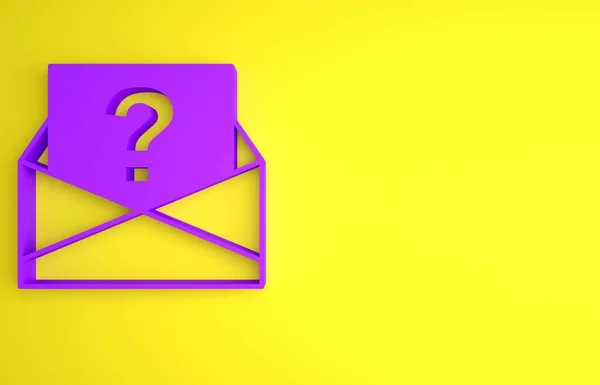 紫色信封 带有黄色背景上孤立的问号图标 带有问号符号的信 通过电子邮件提出请求 最低纲领的概念 3D渲染说明 — 图库照片