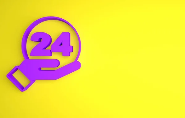 Purple Telephone 24 hours support icon isolated on yellow background. All-day customer support call-center. Full time call services. Minimalism concept. 3D render illustration .