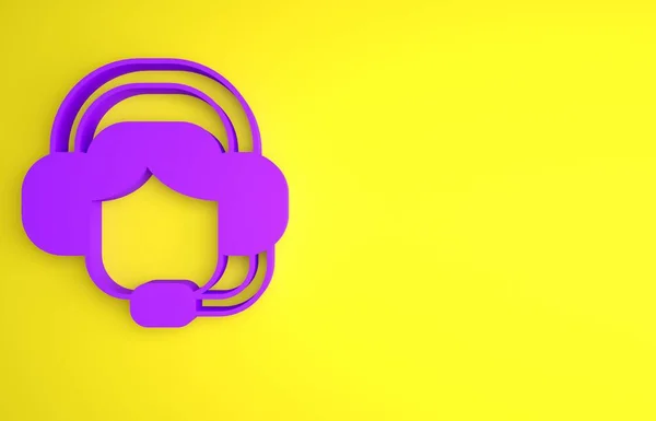 紫色妇女与一个耳机图标隔离在黄色背景 支持接线员联系 呼叫中心的概念 客户支持服务 最低纲领的概念 3D渲染说明 — 图库照片