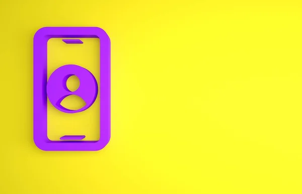 Teléfono Púrpura Horas Icono Soporte Aislado Sobre Fondo Amarillo Centro — Foto de Stock