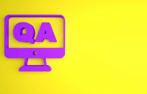 紫色的语音气泡 带有黄色背景上孤立的问答图标 Q和A符号 Faq标志 聊天讲话的泡泡和图表 最低纲领的概念 3D渲染说明 — 图库照片