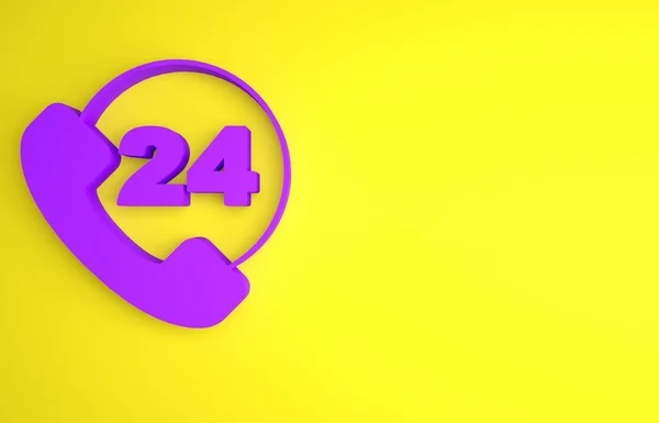 Purple Telephone 24 hours support icon isolated on yellow background. All-day customer support call-center. Full time call services. Minimalism concept. 3D render illustration .