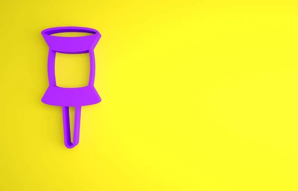黄色の背景に分離された紫のプッシュピンアイコン 感謝の印だ 最小限の概念 3Dレンダリング図 — ストック写真