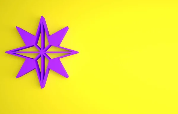 黄色の背景に紫色の風のバラのアイコンが隔離された 旅行のためのコンパスアイコン ナビゲーションデザイン 最小限の概念 3Dレンダリング図 — ストック写真