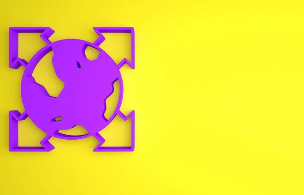 紫色世界球体 指南针图标孤立在黄色背景上 最低纲领的概念 3D渲染说明 — 图库照片