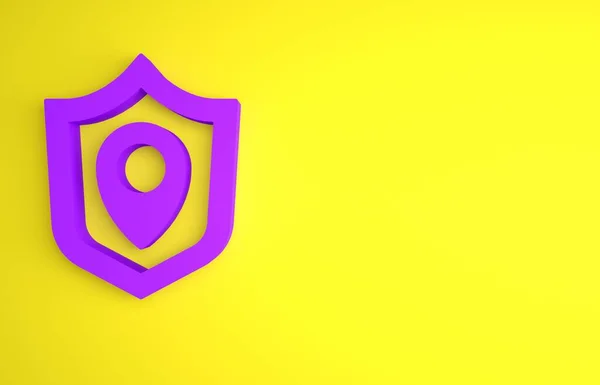 紫色位置屏蔽图标孤立在黄色背景上 保险概念 守卫标志 隐私概念 最低纲领的概念 3D渲染说明 — 图库照片