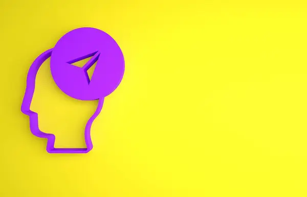 紫色地图标识与一个人的轮廓图标孤立在黄色背景 Gps定位符号 最低纲领的概念 3D渲染说明 — 图库照片