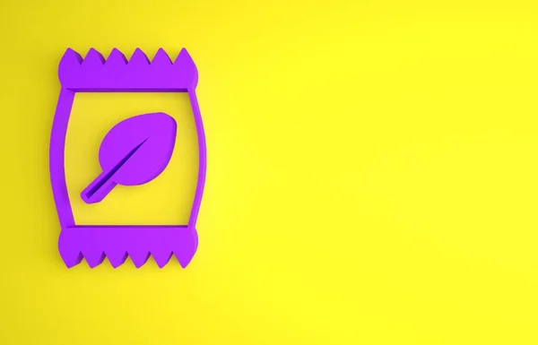 黄色の背景に隔離された紫色の肥料バッグアイコン 最小限の概念 3Dレンダリング図 — ストック写真