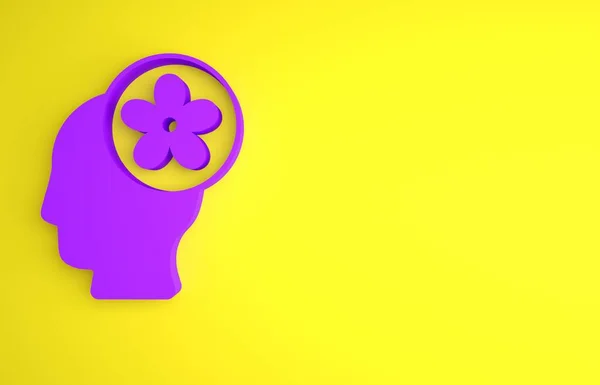 紫色人头 内部有花朵图标 黄色背景孤立 最低纲领的概念 3D渲染说明 — 图库照片