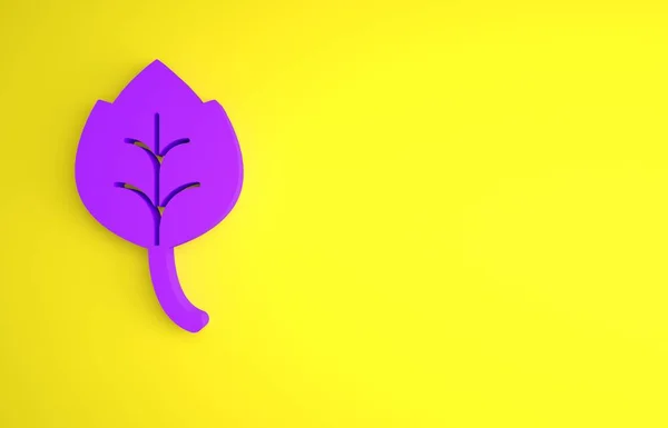 紫色叶子图标孤立在黄色背景上 叶子的标志 新鲜的自然产品符号 最低纲领的概念 3D渲染说明 — 图库照片
