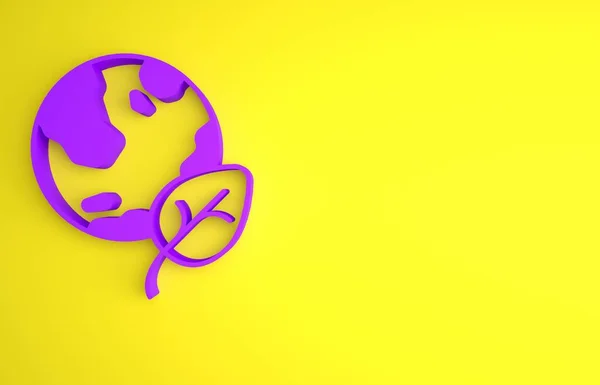 Фіолетовий Земний Глобус Значок Листя Ізольовані Жовтому Тлі Світ Або — стокове фото