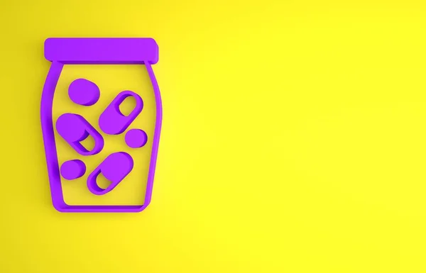 Fioletowa Butelka Ikona Pigułek Odizolowana Żółtym Tle Tabliczka Tabletkami Projekt — Zdjęcie stockowe
