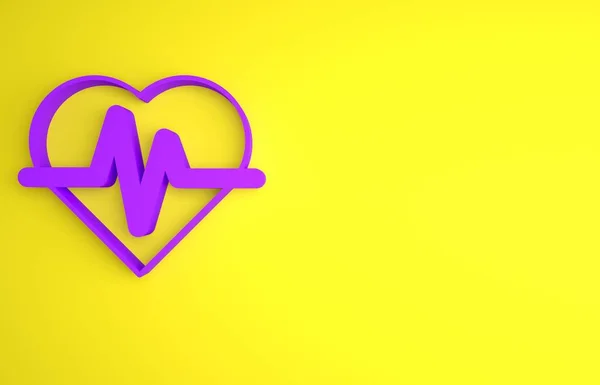 紫色心率图标孤立在黄色背景 心跳的迹象 心脏脉搏图标 心电图图标 最低纲领的概念 3D渲染说明 — 图库照片