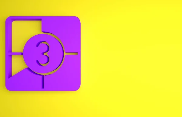紫色的旧电影倒计时帧图标孤立在黄色背景 复古电影计时器计数 最低纲领的概念 3D渲染说明 — 图库照片