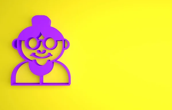 黄色の背景に孤立した紫の祖母のアイコン 最小限の概念 3Dレンダリング図 — ストック写真