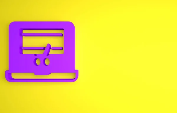 Purple Video recorder or editor software on laptop icon isolated on yellow background. Video editing on a laptop. Minimalism concept. 3D render illustration.