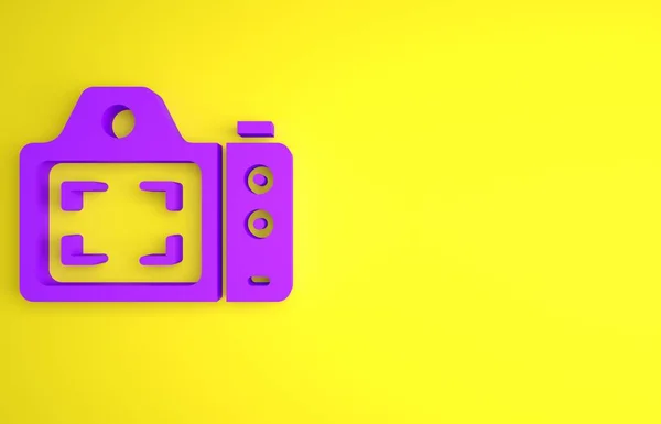 黄色の背景に隔離された紫の写真カメラアイコン フォトカメラ デジタル写真 最小限の概念 3Dレンダリング図 — ストック写真