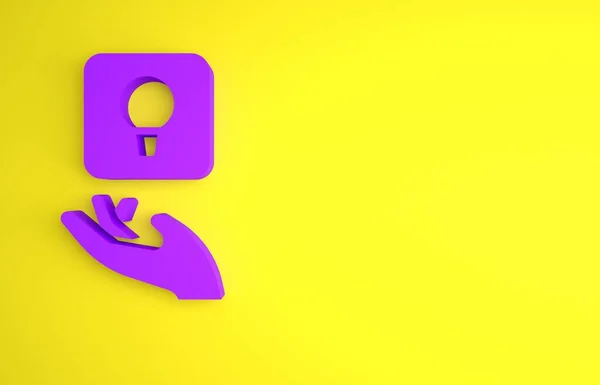 紫色灯泡 概念图标孤立在黄色背景 能量和思想的象征 灵感的概念 最低纲领的概念 3D渲染说明 — 图库照片