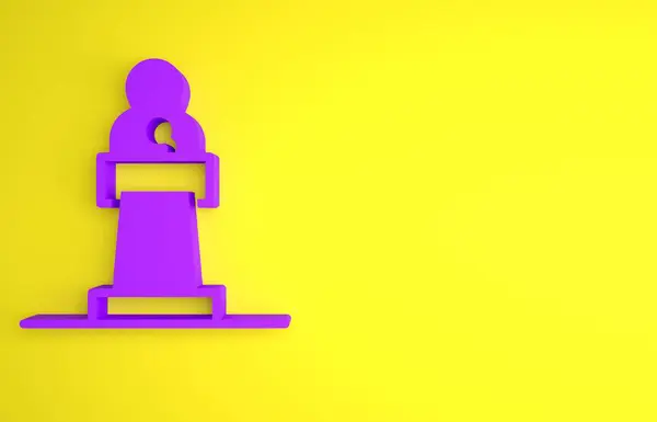 黄色の背景に分離された紫色のスピーカーアイコン トリビューンのオーサーだ 人前で話す 表彰台に立つ 最小限の概念 3Dレンダリング図 — ストック写真