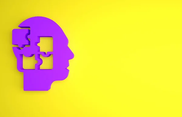 紫色人头迷惑了在黄色背景下孤立的策略图标 思考大脑信号 大脑的符号工作 最低纲领的概念 3D渲染说明 — 图库照片